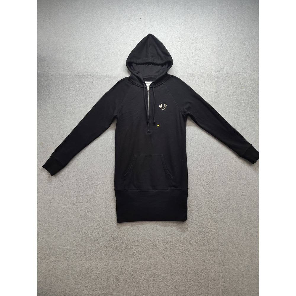 True Religion Women Sweater Dress L Black Hooded Pockets 1/4 Zip Logo Casual
